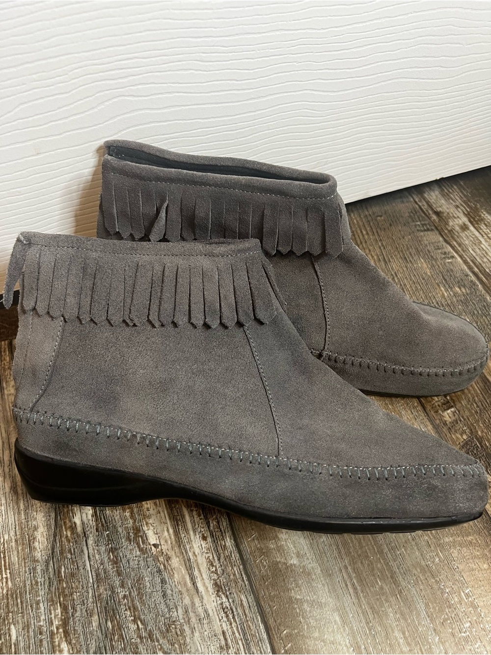 Women's Gray Suede Fringe Ankle Bootie